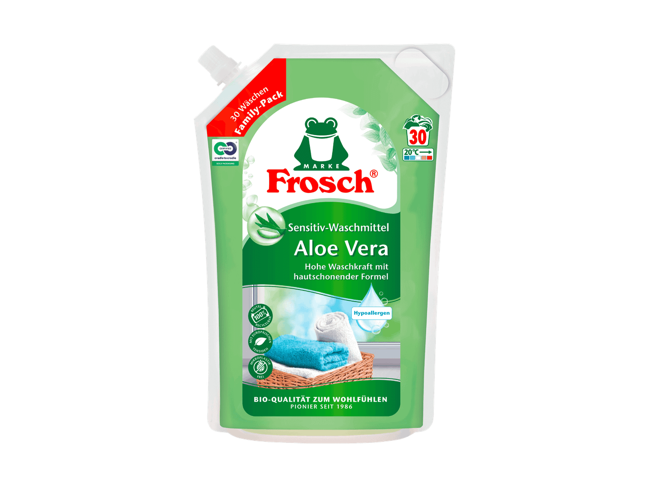 Detersivo liquido concentrato all'aloe vera per 30 lavaggi, ipoallergenico e biodegradabile.