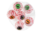 A mesh bag filled with six realistic-looking novelty eyeballs, some with green irises and others with cat-like or colorful irises.