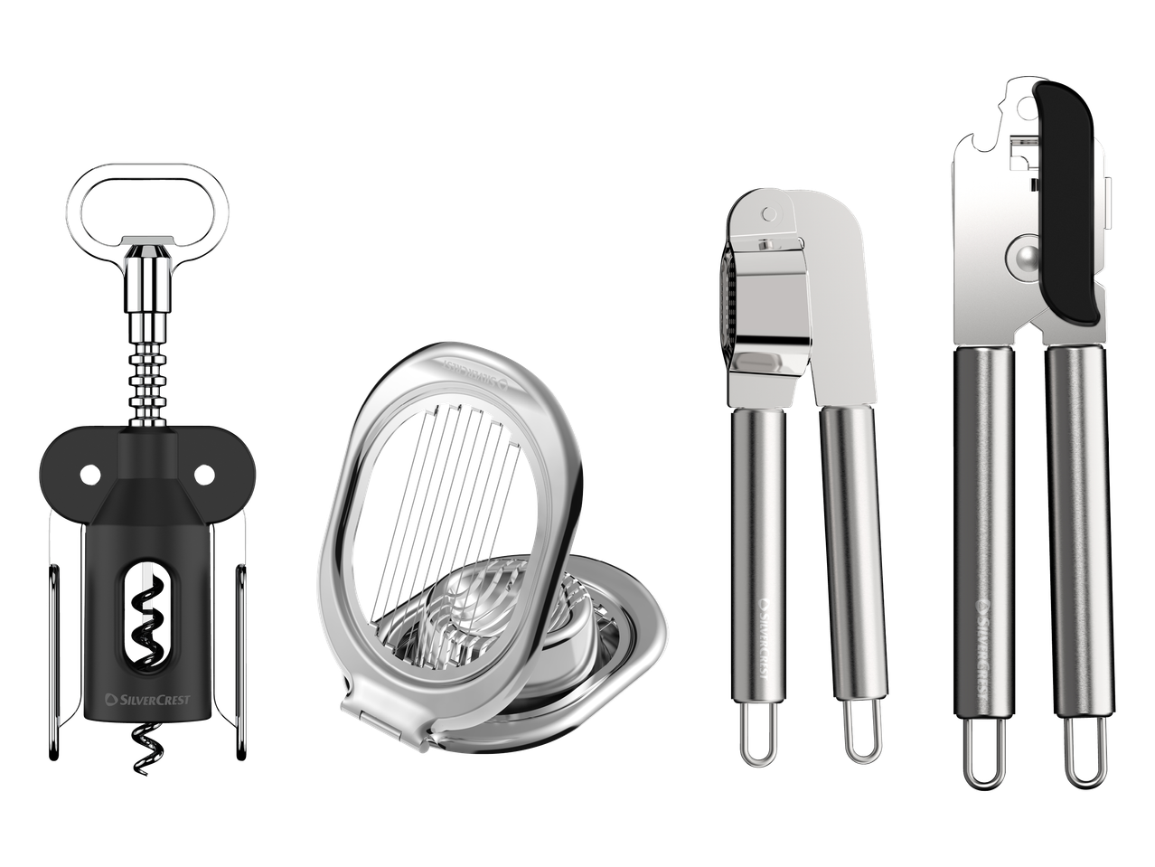 Set kuhinjskih pomagala: vadičep, rezač za jaja, preša za češnjak i otvarač za konzerve.