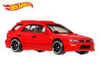 Red toy car, a station wagon model, with a logo in the top left corner.
