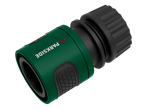 Green and black garden hose connector with textured grip and ribbed cap.
