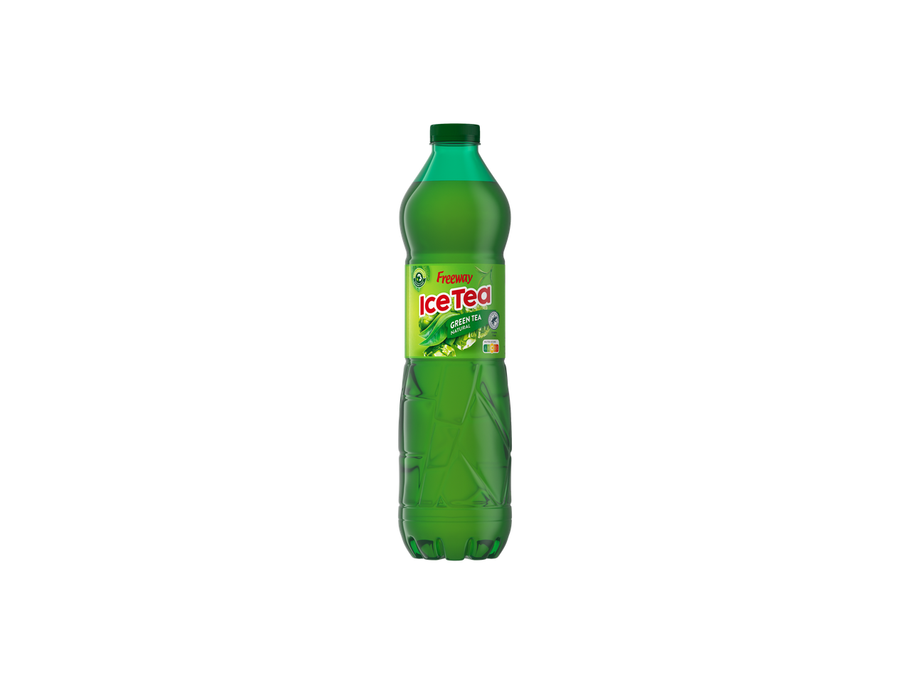 Een fles Freeway Ice Tea Groene Thee staat op een zwarte achtergrond.