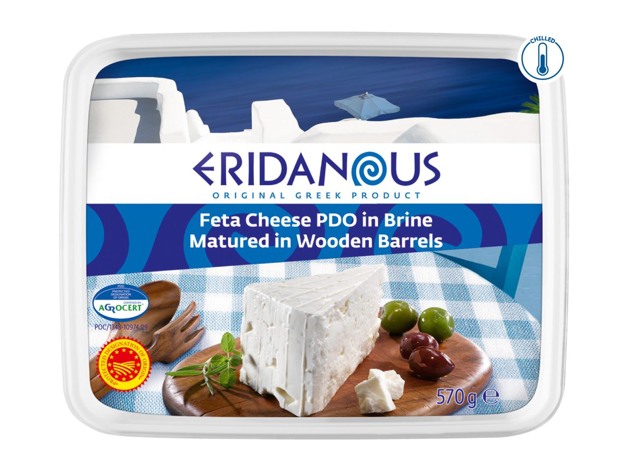 Feta cheese PDO in brine, matured in wooden barrels, with olives and herbs, 570g.