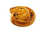Golden brown pain aux raisins pastry with visible raisins and a spiral shape.