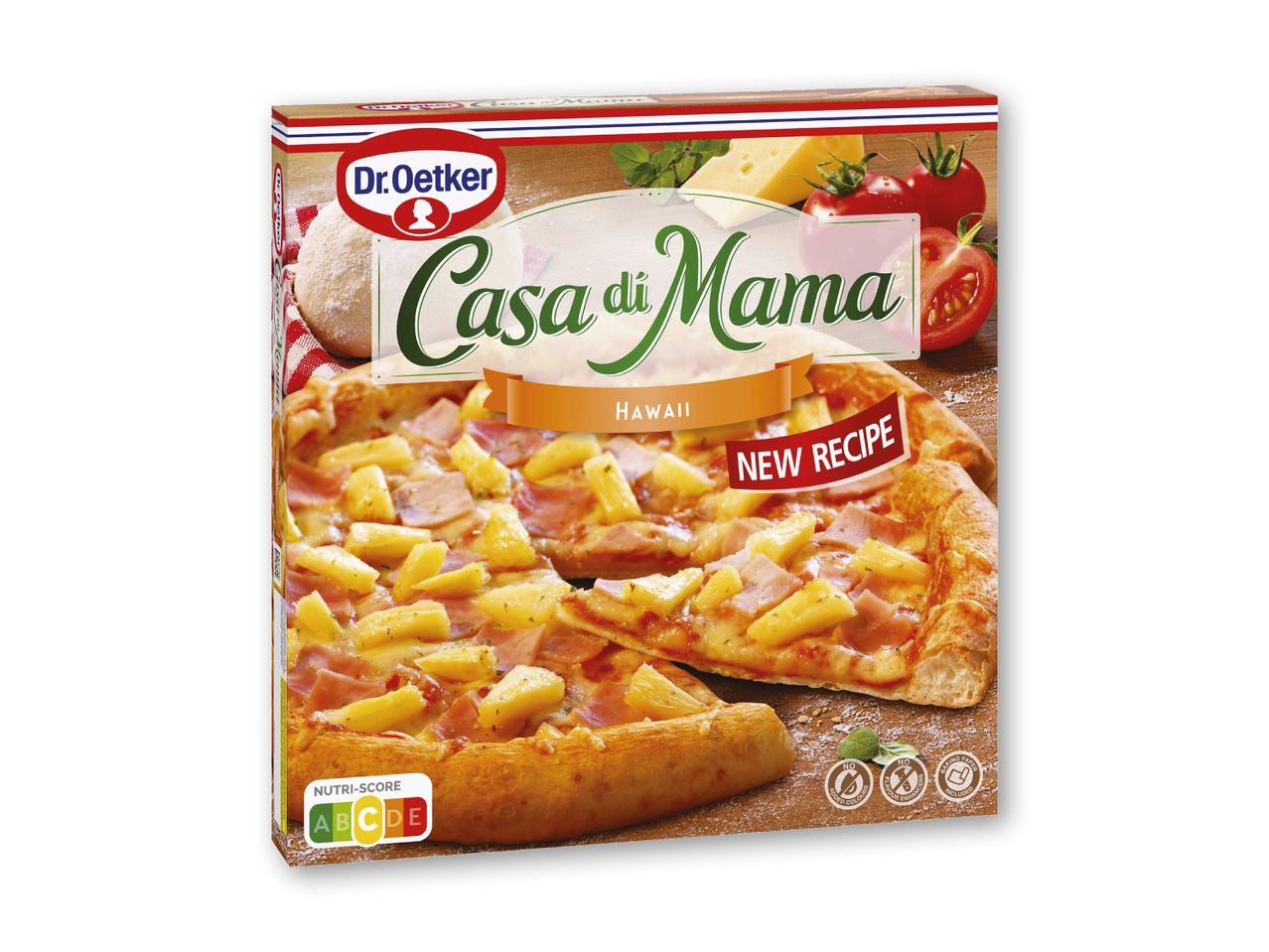 Dr. Oetker Casa di Mama Hawaii pizzaæske med ananas og skinke.