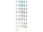 W5 Clothes Pegs in various colors, including teal, gray, and beige, arranged in rows.