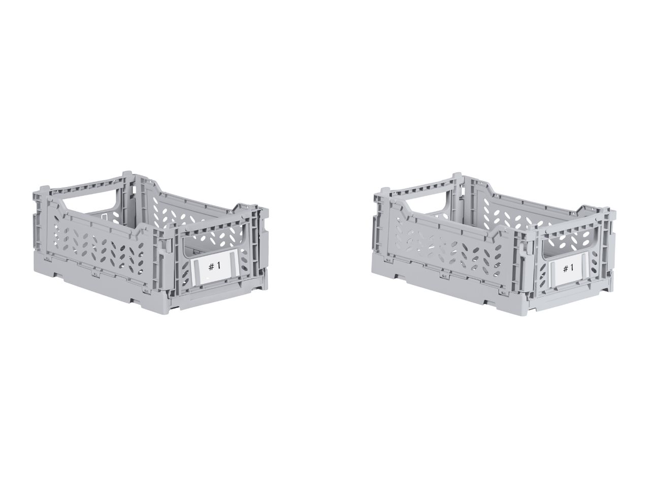 Two light grey foldable storage crates with a label showing '#1' on each.