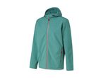 Teal softshell jacket with a hood and orange zipper