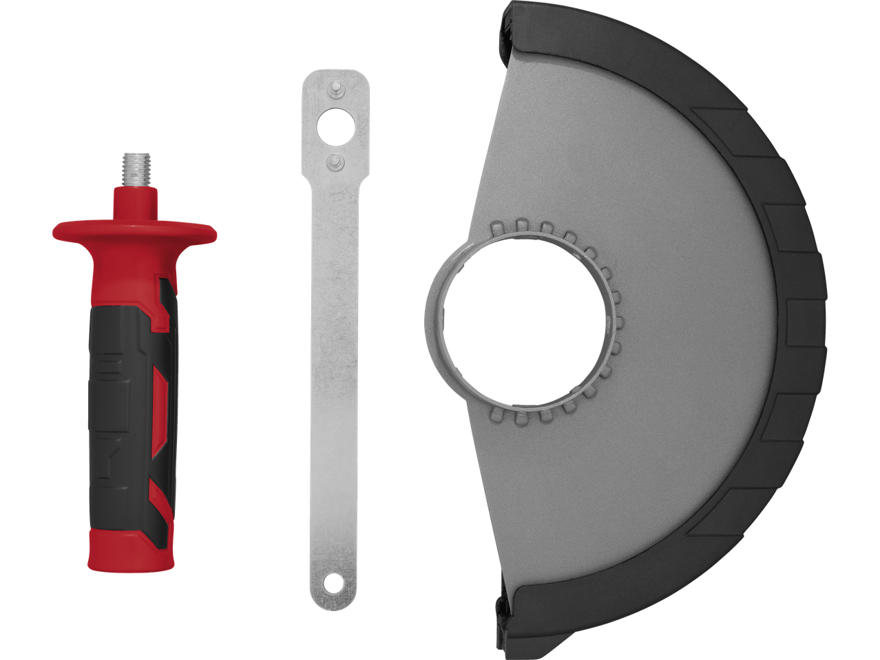 Accesorii polizor unghiular PARKSIDE: mâner, cheie și apărătoare disc.