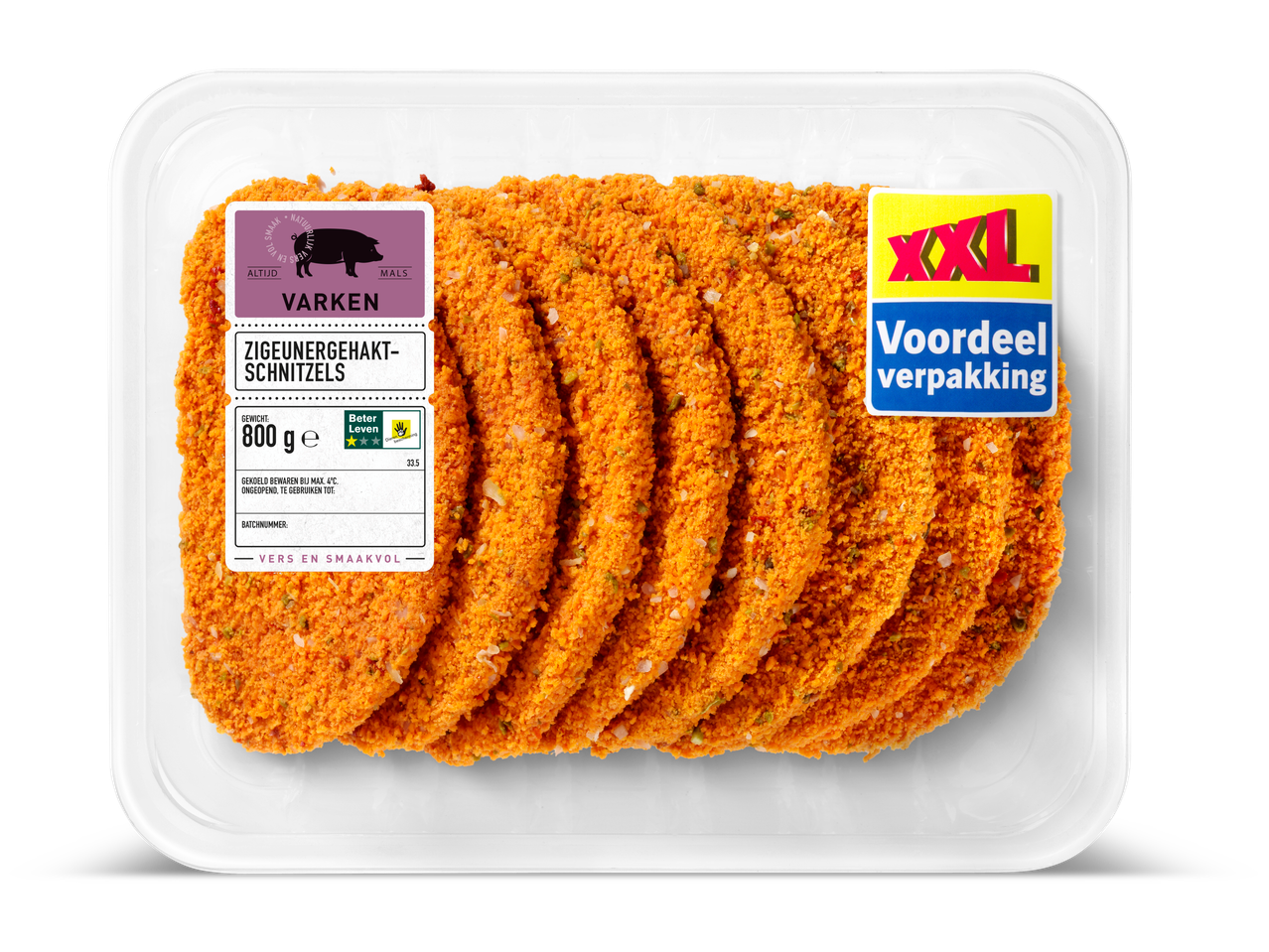 Een verpakking XXL gepaneerde varkenschnitzels.