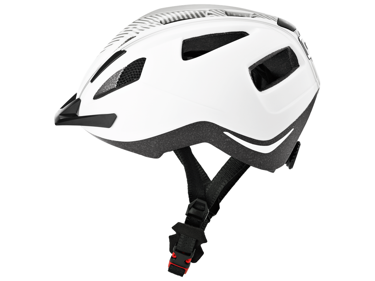 Casque de vélo blanc avec des accents noirs et des sangles, vu de côté.