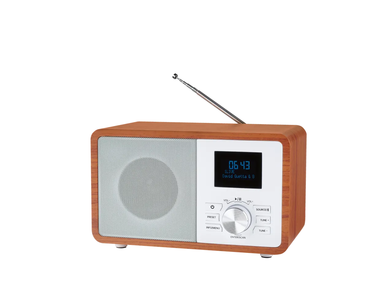 TRONIC® radio sa drvenim kućištem i digitalnim ekranom.