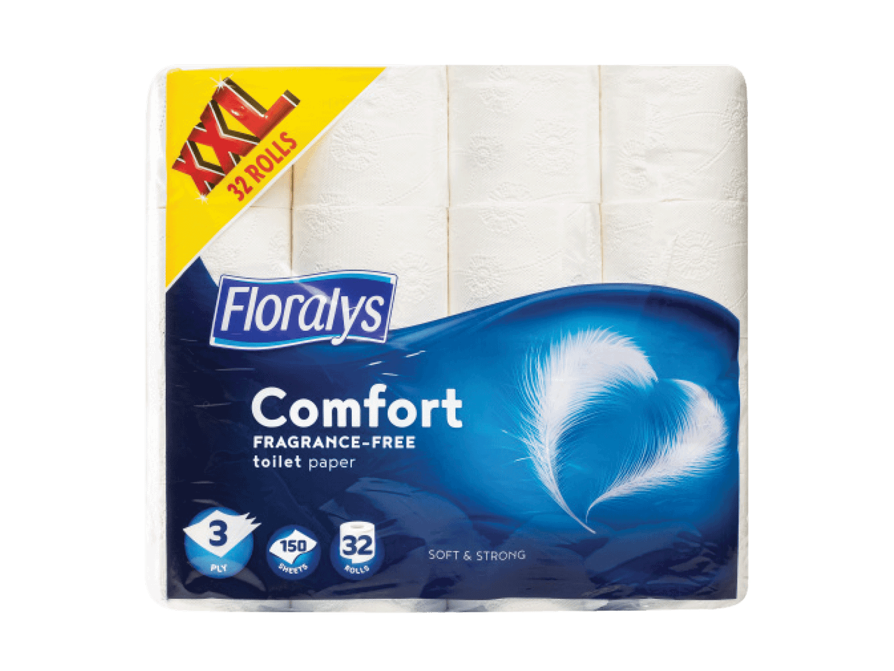 Floralys Comfort tualetinis popierius, bekvapis, 3 sluoksnių, maxi pakuotė 32 ritinėlių.