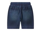Dark blue denim shorts with an elasticated ribbed waistband and two back pockets.