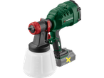 Cordless paint spray gun with a white container, featuring a red nozzle and a green body.