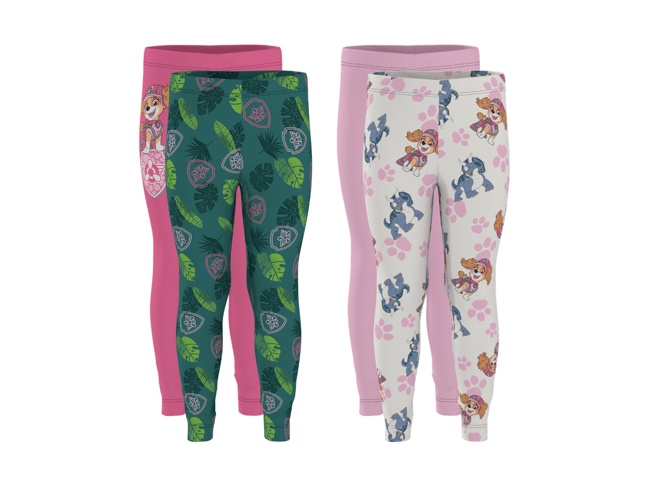 Lot de 4 leggings pour enfants, deux roses unis et deux à motifs (feuilles et chiots).