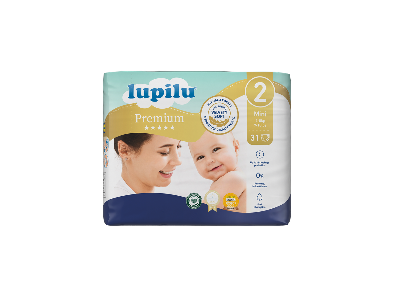 Lupilu Premium Nappies Size 2, Mini (4-8kg), 31 count, with 12h leakage protection.