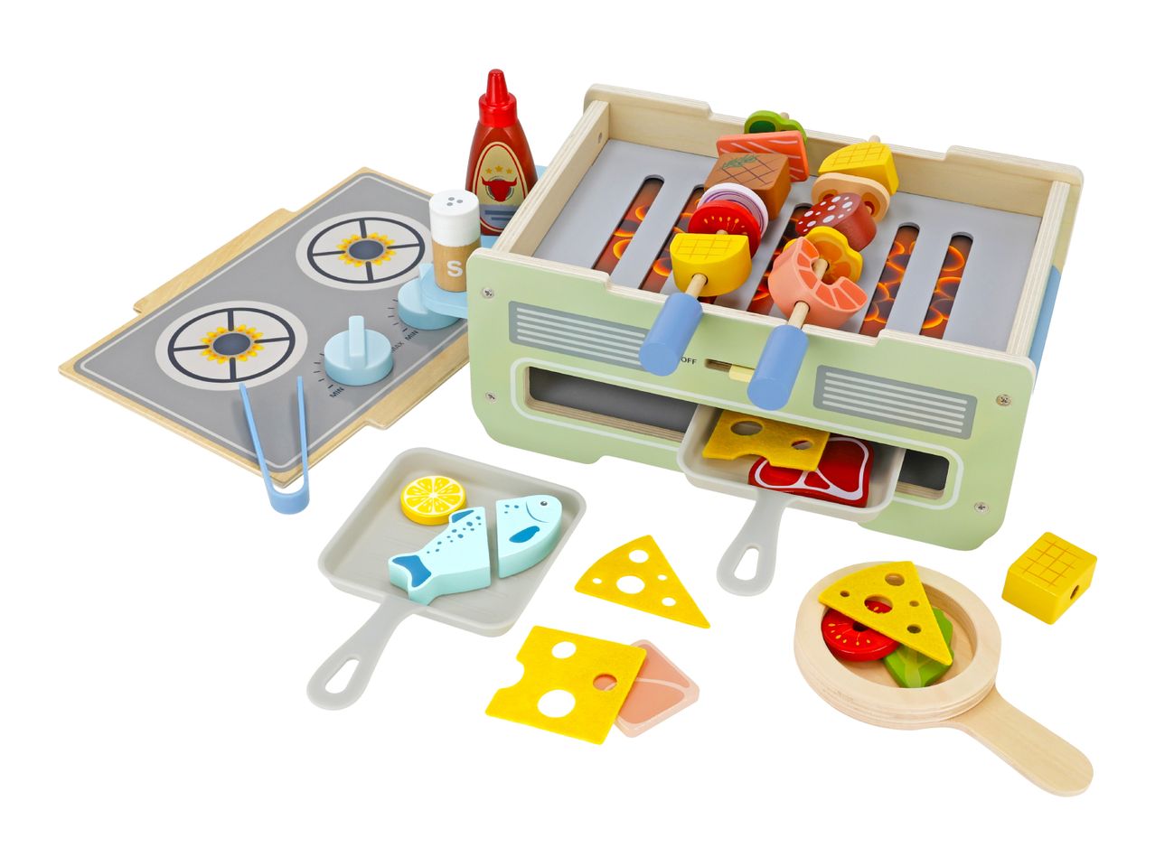 Wooden toy barbecue grill and stove with play food like skewers, fish, and cheese.