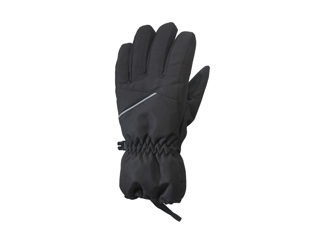 Black winter glove with reflective stripe and adjustable wrist strap