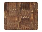 A rectangular wooden chopping board with rounded corners, featuring a mosaic pattern of end-grain wood.