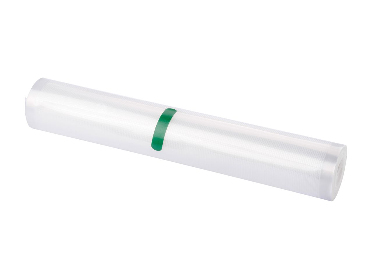 A roll of clear plastic food wrap with a green label.