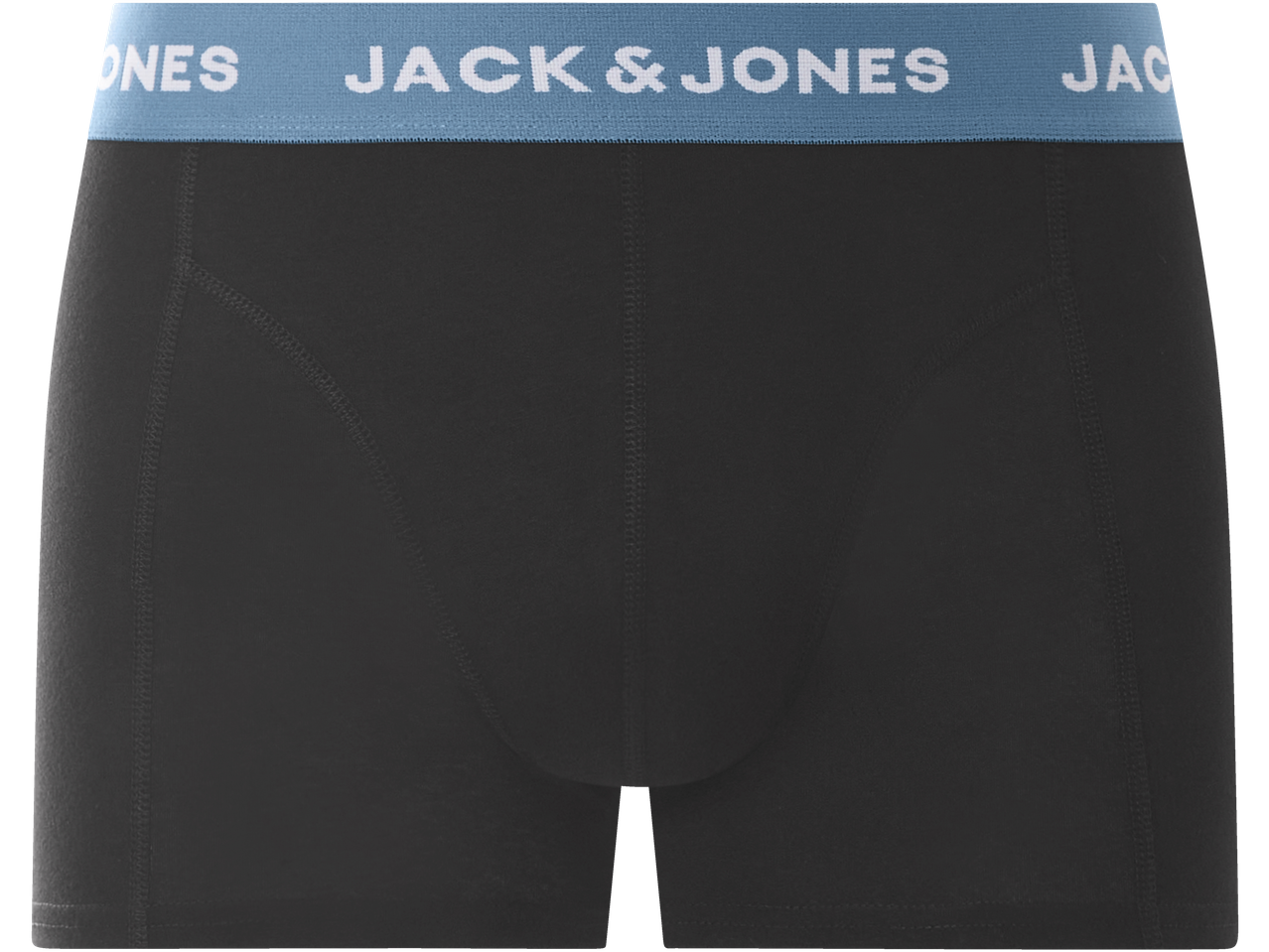 Zwarte Jack & Jones boxershorts met blauwe tailleband en wit logo.