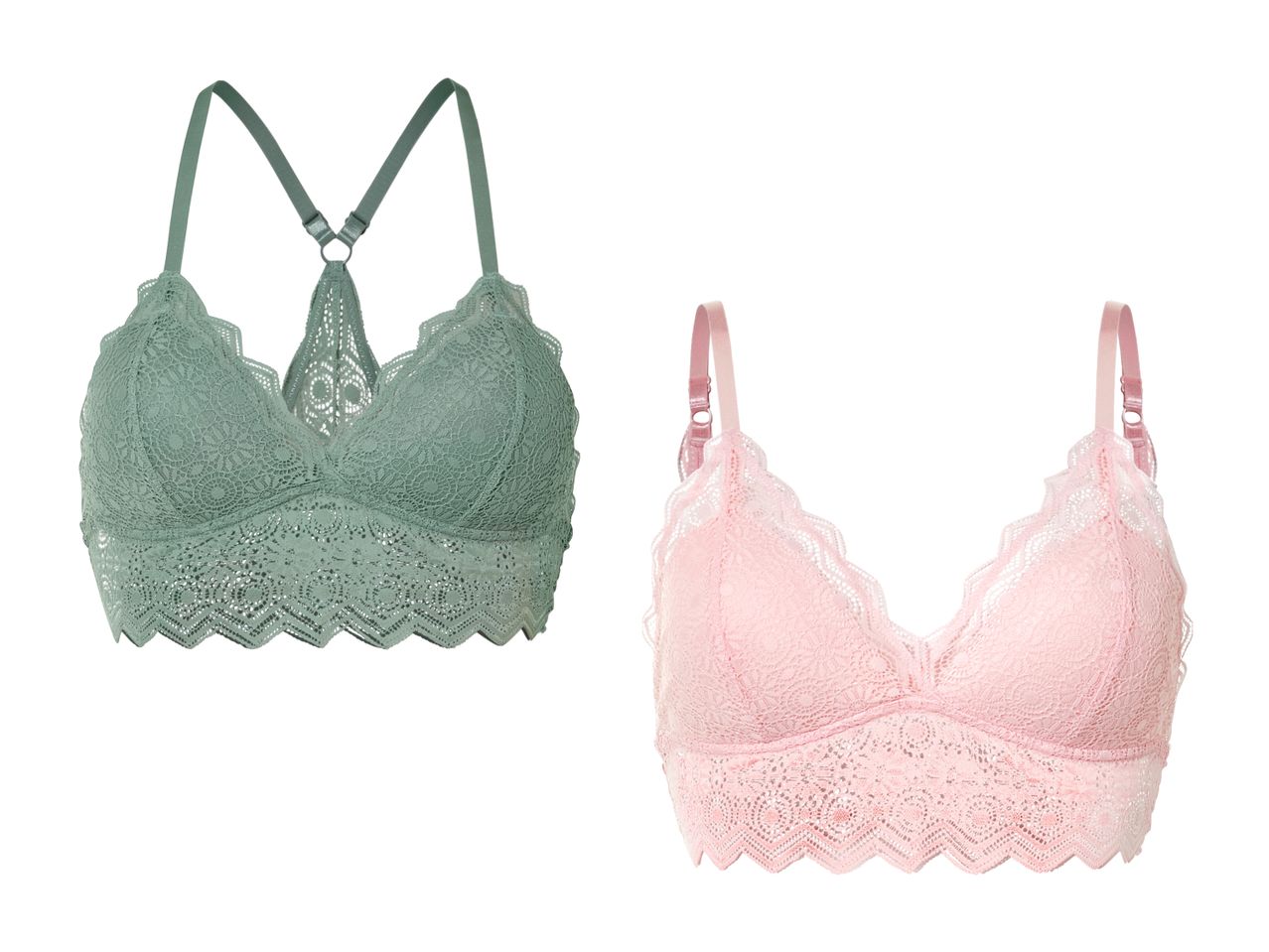 Zwei Spitzen-BHs, einer in Salbeigrün und einer in Rosa.