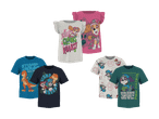 Sæt med seks børne-T-shirts: to lyserøde med Skye, to blå med dinosaurer og to grønne med Paw Patrol.