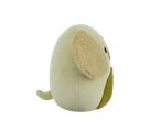 Light green dog plush toy with brown ears, side view.