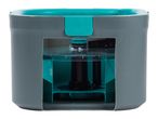 Grey and teal automatic pet feeder with a transparent food container
