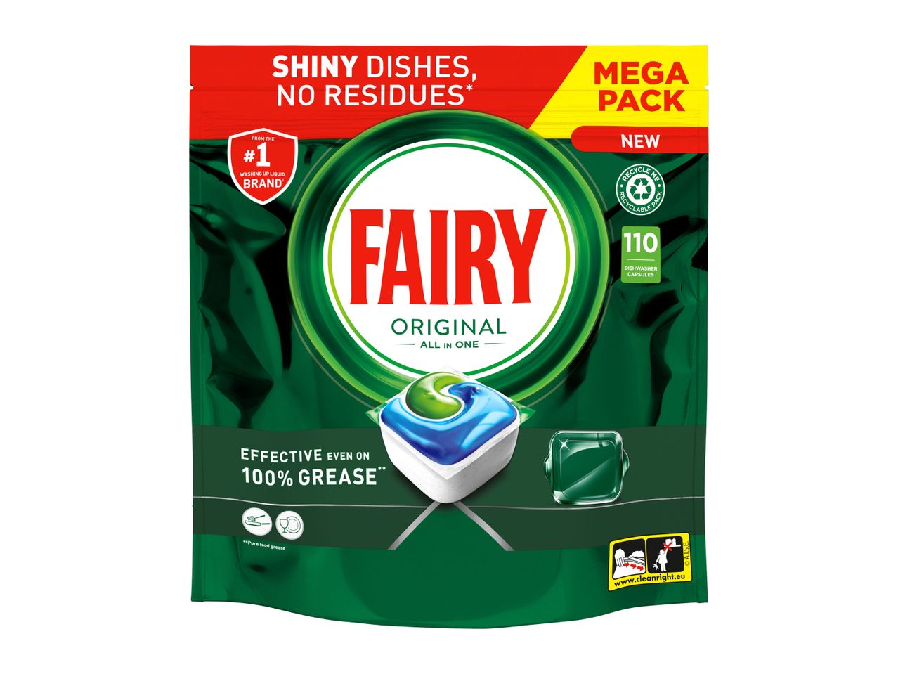 Fairy Original dishwasher capsules in a green and red mega pack.
