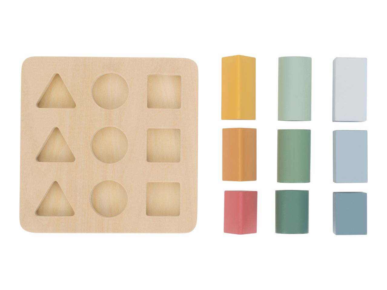 Wooden shape sorter with three shapes and nine colorful blocks.