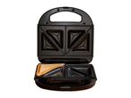 Open sandwich maker with a toasted sandwich inside, isolated on white.