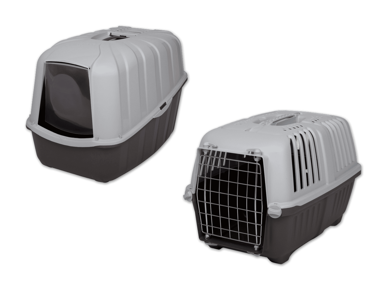 Zwei Haustiertransportboxen, eine geschlossene Katzentoilette und eine Transportbox mit Gittertür.