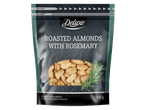 Pakelis skrudintų migdolų su rozmarinais, 150g, su tekstu 'Drąsus, pikantiškas traškumas kiekviename kąsnyje!'