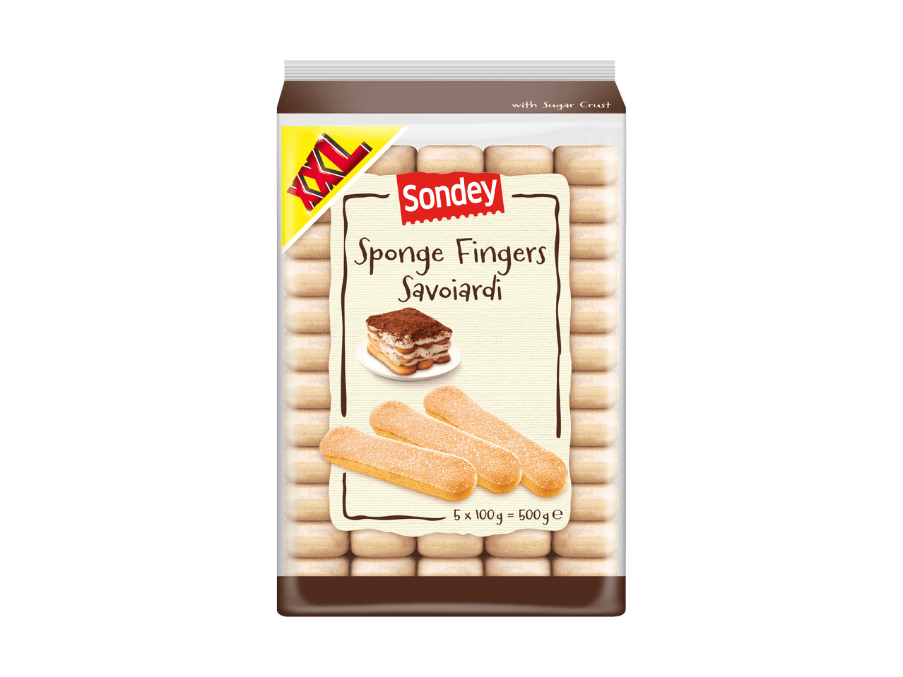 Confezione di savoiardi con crosta di zucchero, che mostra un dessert tiramisù.