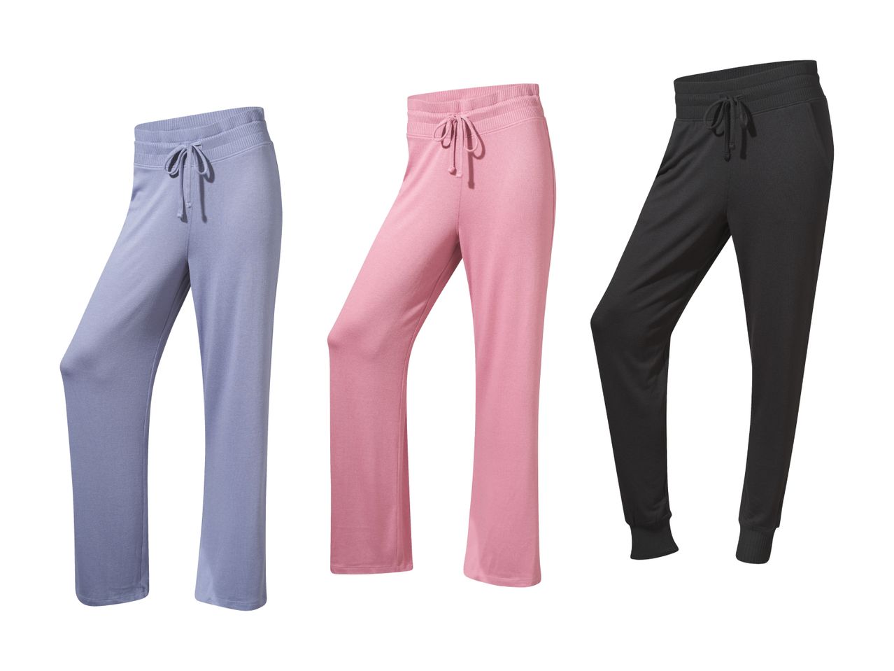 Drei Jogginghosen in verschiedenen Farben: Lila, Rosa und Schwarz.