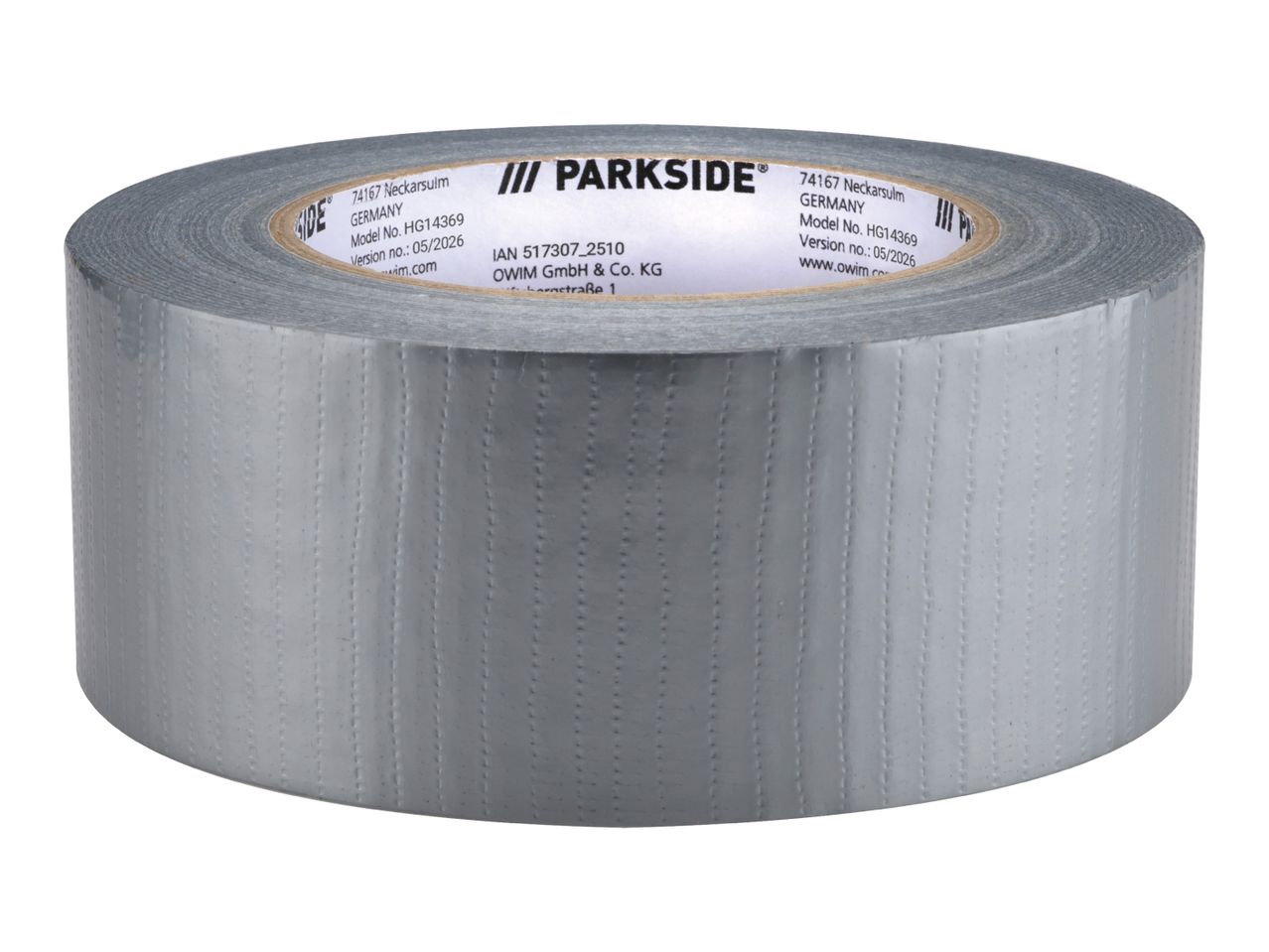 Roll of grey duct tape with product information label visible.