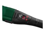 Close-up of a power tool with a green body, black handle, red digital display, and control buttons.
