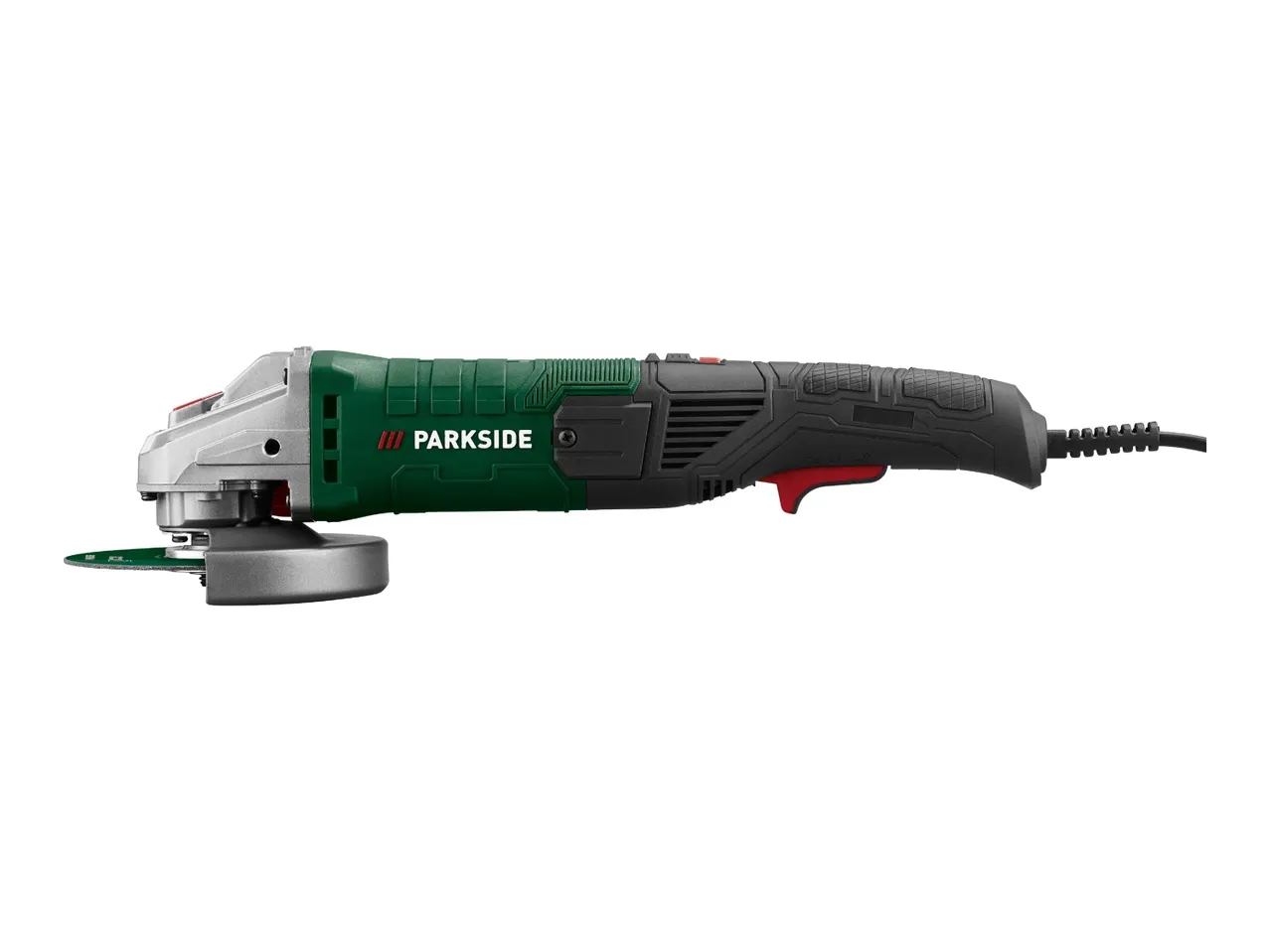 A green and black Parkside angle grinder with a cutting disc, viewed from the side.