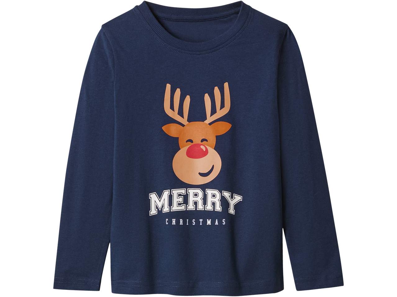 Lupilu/Esmara Kids jõulupüžama: Tumesinine pikkade varrukatega pluus Rudolphi pildi ja 'MERRY CHRISTMAS' tekstiga.