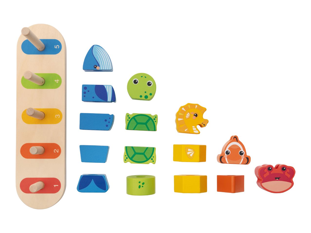 Wooden stacking toy with numbered pegs and sea animal shapes: whale, turtle, seahorse, clownfish, crab.