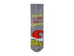 Grey Grinch-themed socks with a red Santa hat and yellow eyes