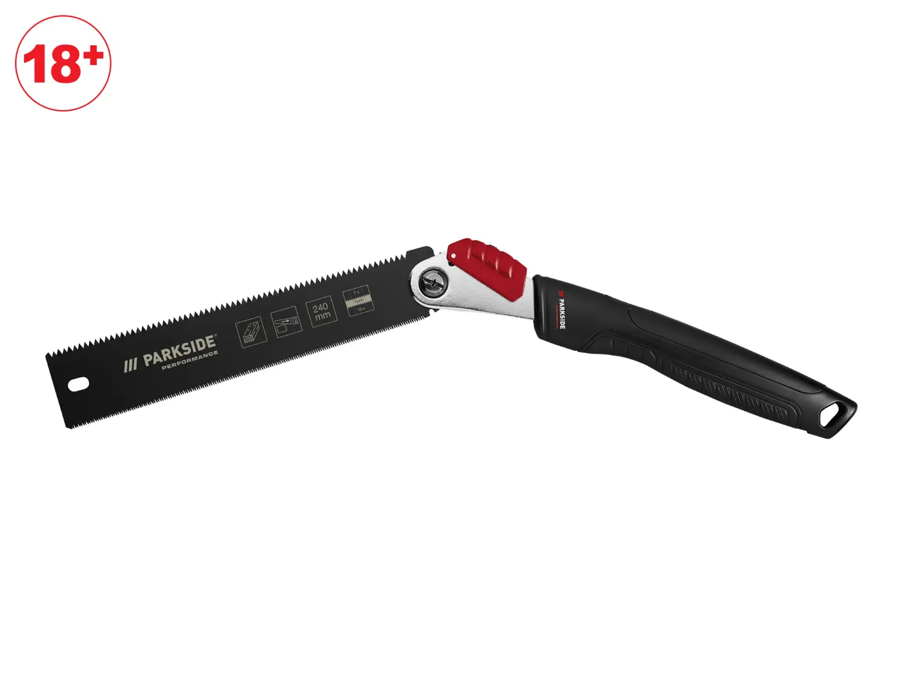 Parkside Performance folding saw with a black handle and red accents.
