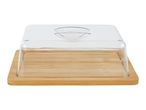 Clear glass dome cheese keeper on a bamboo serving board.