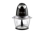 A black and silver food chopper with a clear glass bowl and a black base.