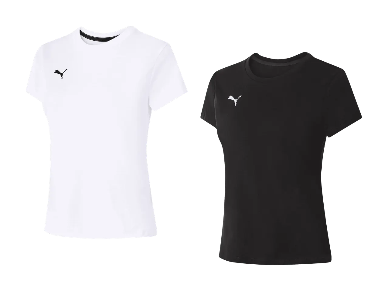Zwei kurzärmelige Sport-T-Shirts, eines weiß mit schwarzem Logo, das andere schwarz mit weißem Logo.