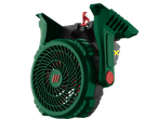 Ventilador verde com detalhes vermelhos e cinzentos.