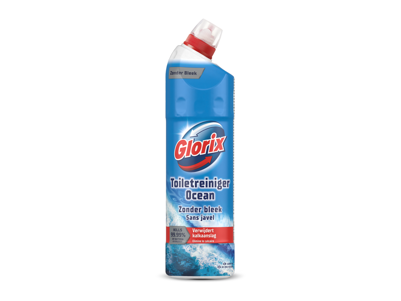 Fles blauwe toiletreiniger met opschrift 'Zonder Bleek' en 'Ocean', verwijdert kalkaanslag.