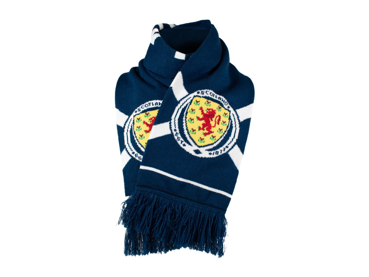 A blue and white knitted scarf with a Scottish crest and the word 'SCOTLAND' on it.